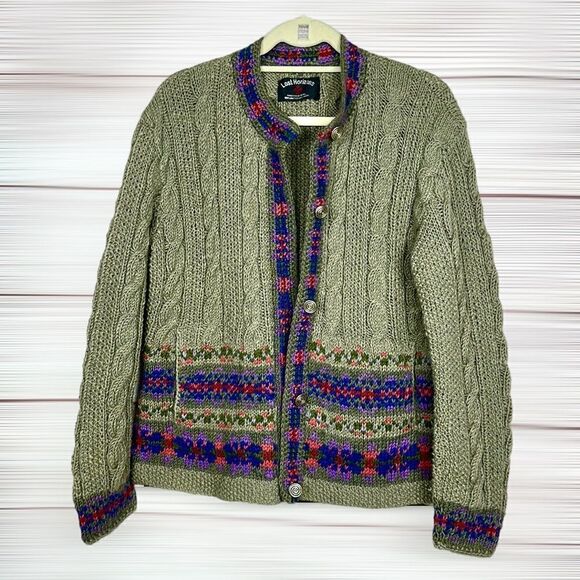 Lost Horizons Nepal Olive Green Wool Nordic Hand Knitted Cardigan Sweater L - Picture 2 of 12